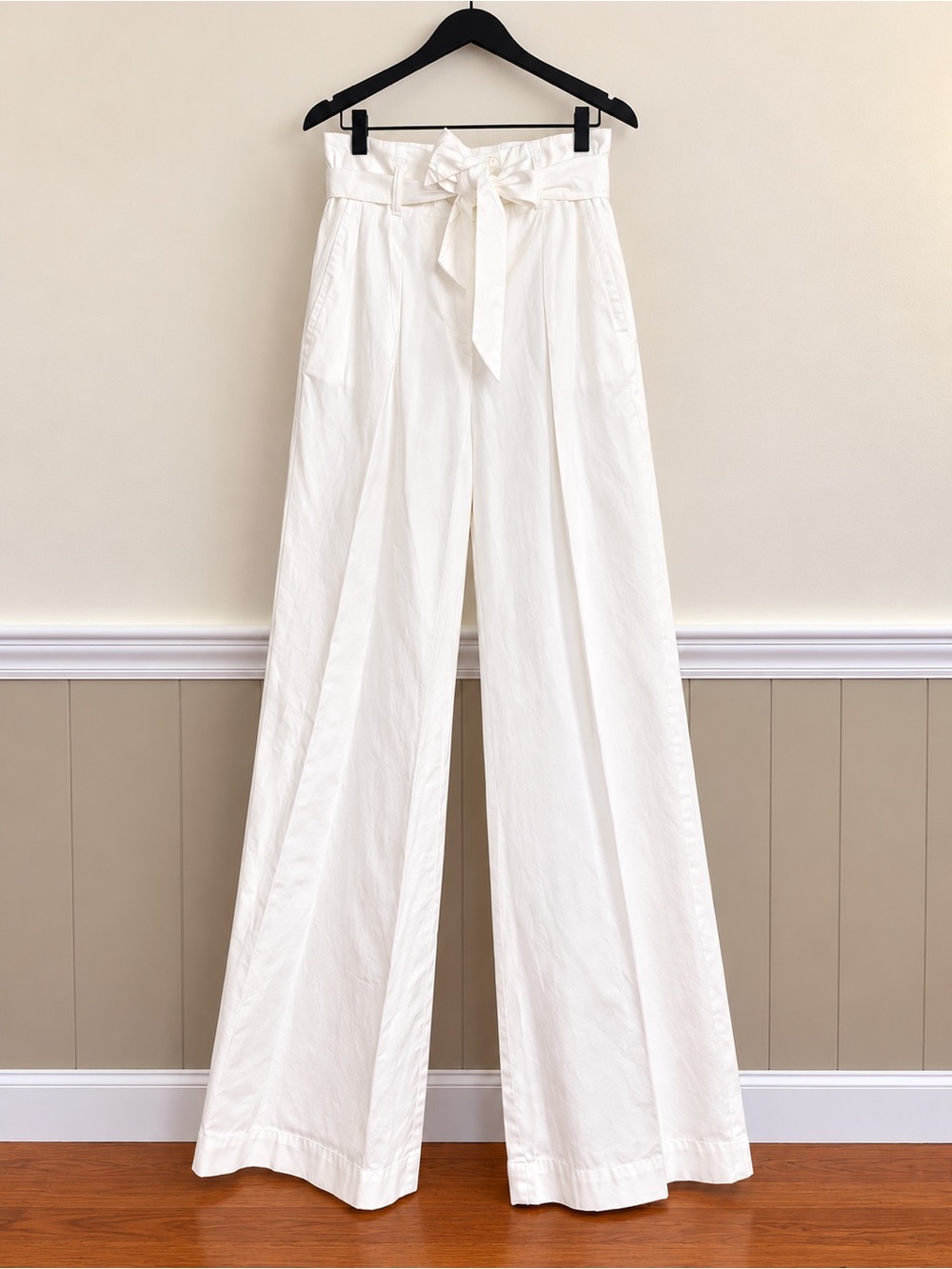 LOFT White High-Waist Paperbag Wide-Leg Pants with Tie